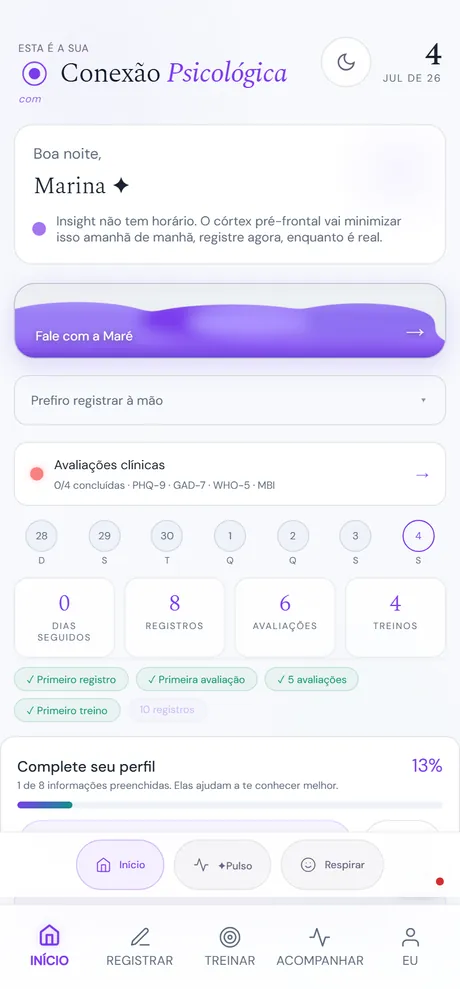 Tela de Início da Maré após o primeiro acesso: saudação Boa noite Marina, um convite Fale com a Maré, a opção de registrar à mão, avaliações clínicas e o cartão Complete seu perfil.