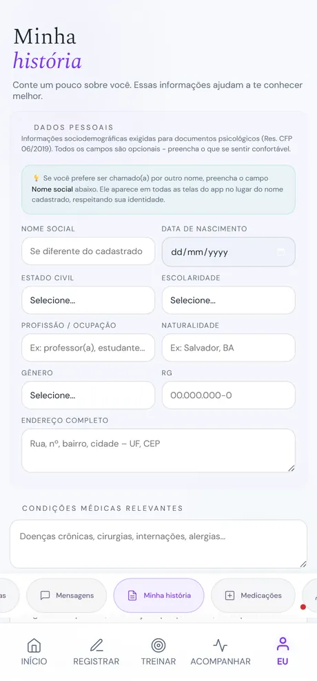 Tela Minha história da Maré: no topo, 'Conte um pouco sobre você', com o bloco 'Dados pessoais' (nome social, data de nascimento, estado civil, escolaridade) em campos suaves, e o destaque de que todos os campos são opcionais.