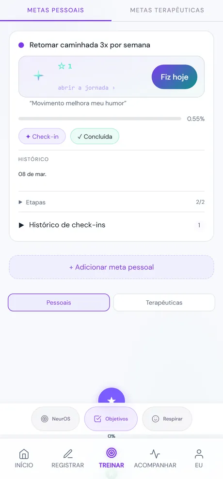 Tela de Objetivos da Maré: no topo as abas Metas pessoais e Metas terapêuticas; abaixo um card de meta chamado Retomar caminhada 3x por semana com a Lume, uma barra de progresso, os botões Check-in e Concluída, o histórico, as etapas, e um botão para adicionar meta pessoal.