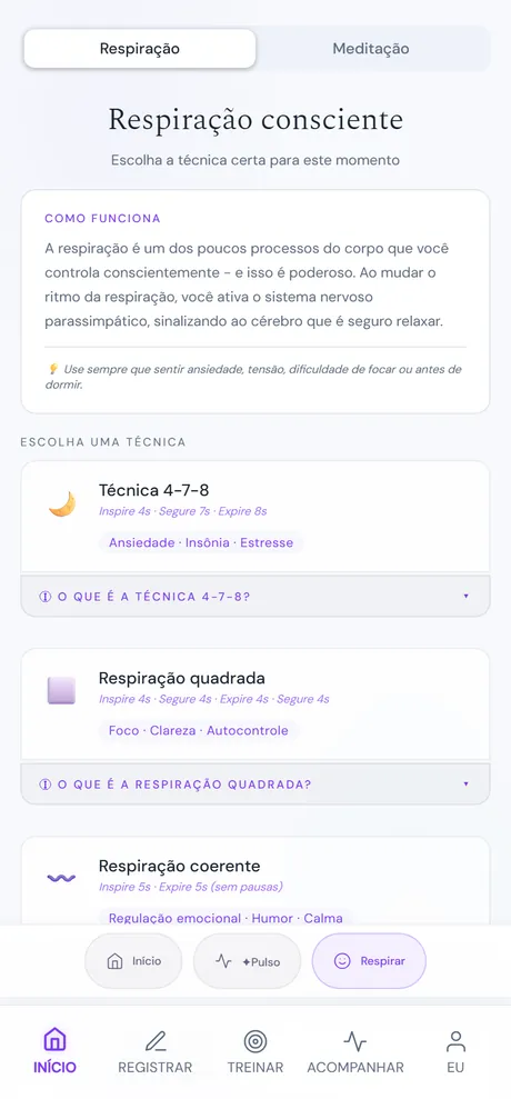 Tela Respiração da Maré aberta pela tela inicial, mostrando o seletor das técnicas. Cada técnica aparece como um cartão com ícone, nome, o ritmo de inspirar, segurar e expirar, e uma etiqueta de para que serve, como ansiedade, foco ou alívio rápido.