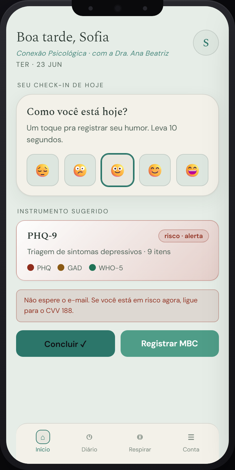 Prévia da skin Sereno no app de quem você acompanha: paleta de sálvia, areia e teal, calma e de baixo estímulo visual